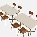 Modern Dining Table Set with Two Rectangular White Tables Four Brown Wooden Chairs Metal Legs 3d model