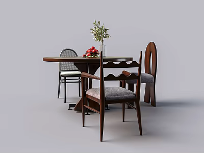 Modern Dining Table And Chair Set With Vase Olive Branch Red Fruits Gray Cushions 3d model