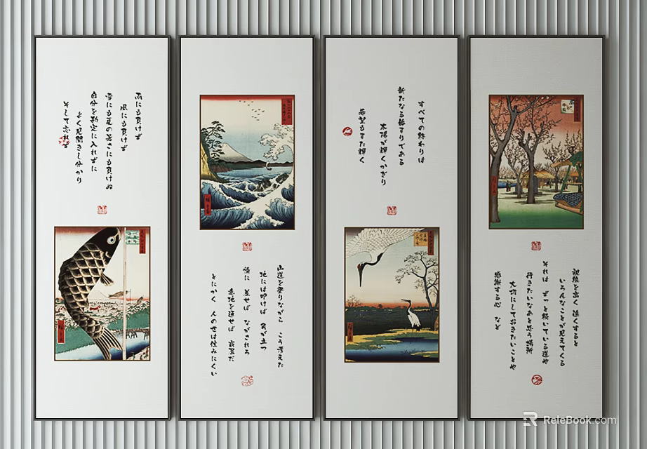 Traditional Japanese Scroll Paintings With Natural Scenes And Calligraphy Artwork 3d model 