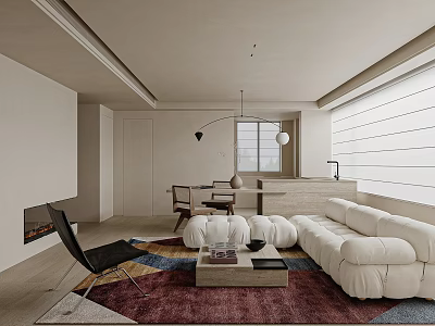 Modern Living And Dining Area With White Sofa Area Rug Dining Table And Chairs 3d model