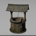 Ancient Well Structure Featuring Brick Stone Base Thatched Roof And Wooden Bucket