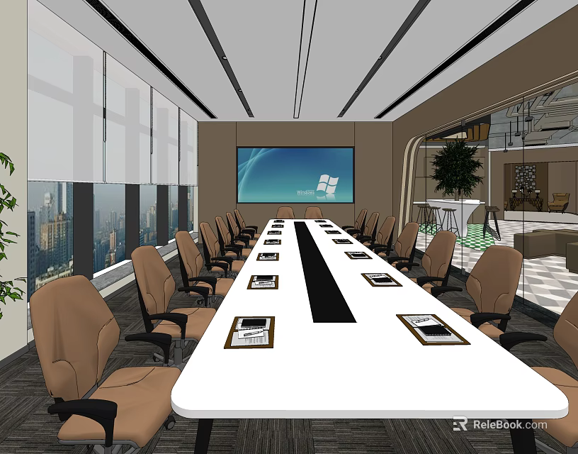 Modern Conference Room With Long White Table Brown Chairs Large Screen And City View 3d model 