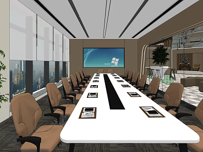 Modern Conference Room With Long White Table Brown Chairs Large Screen And City View 3d model