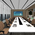 Modern Conference Room With Long White Table Brown Chairs Large Screen And City View