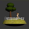 Tree With Green Canopy Brown Trunk And Small Figure In White Fence Yellow Grassy Area