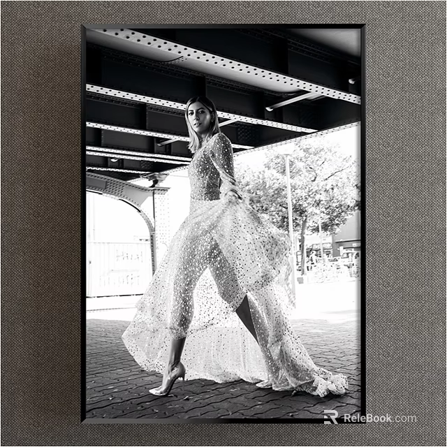 Black and White Female Figure Painting with Flowy Gown and Urban Street Scene Elements 3d model 