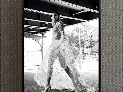 Black and White Female Figure Painting with Flowy Gown and Urban Street Scene Elements 3d model
