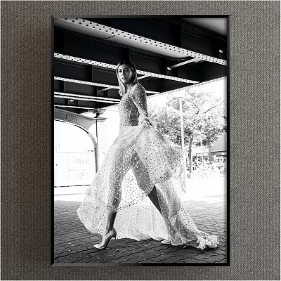 Black and White Female Figure Painting with Flowy Gown and Urban Street Scene Elements 3d model