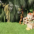 Outdoor Floral Display With Hanging Plants White Flowers And Fruits In Green Grass