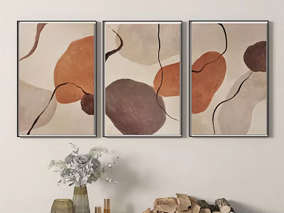 Abstract Paintings Three Panel Wall Art With Curved Black Lines Warm Tones And Decorative Vase 3d model