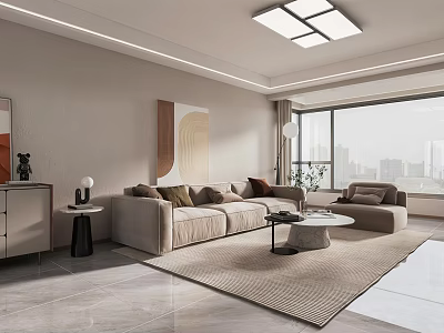 Modern Living and Dining Room With Beige Sofa Round Coffee Table Rug and Floor-to-Ceiling Windows 3d model