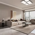 Modern Living and Dining Room With Beige Sofa Round Coffee Table Rug and Floor-to-Ceiling Windows