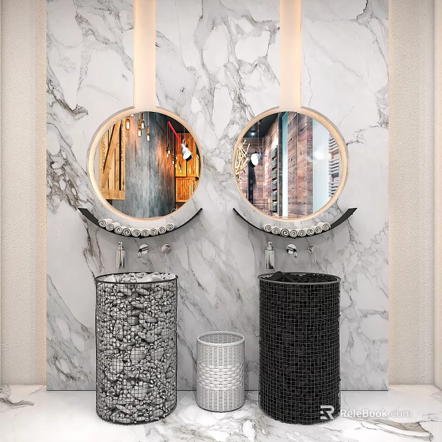 Modern Double Washbasins With Round Mirrors And Mosaic Surface On Marble Wall 3d model 