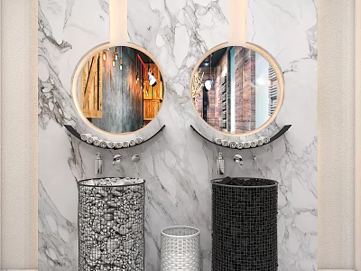 Modern Double Washbasins With Round Mirrors And Mosaic Surface On Marble Wall 3d model