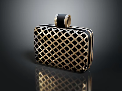 Stylish Black And Gold Clutch Bag With Grid Pattern And Black Ring Handle 3d model