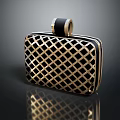 Stylish Black And Gold Clutch Bag With Grid Pattern And Black Ring Handle