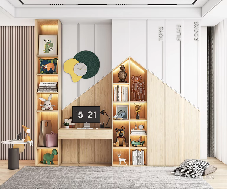 Kids Room Wooden Wardrobe With Bookshelves Desk And Toys Open Design 3d model 