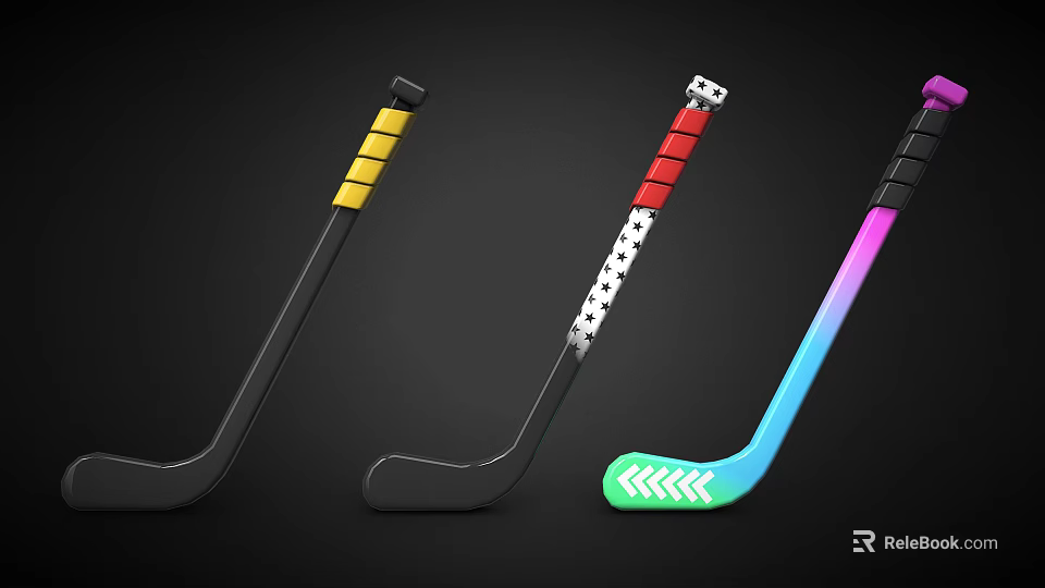 Colorful Hockey Sticks With Gradient Block Patterns And Arrow Design As Sports Equipment 3d model 