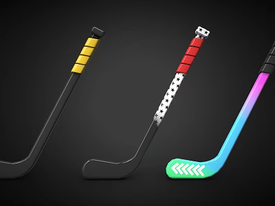 Colorful Hockey Sticks With Gradient Block Patterns And Arrow Design As Sports Equipment 3d model
