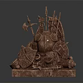 Ancient Bronze Weapon Sculpture Featuring Shield Spear Axe And Helmet On Base 3d model