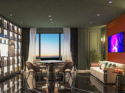 Hotel Mahjong Room Modern Interior Design With Large Windows Scenic View Sofa And TV 3d model