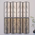 Traditional Bamboo Pattern Room Divider With Double Layer Design And Decorative Plant 3d model