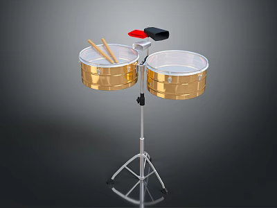 Professional Golden Double Drums Set On Silver Stand With Transparent Heads And Wooden Drumsticks 3d model