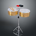 Professional Golden Double Drums Set On Silver Stand With Transparent Heads And Wooden Drumsticks