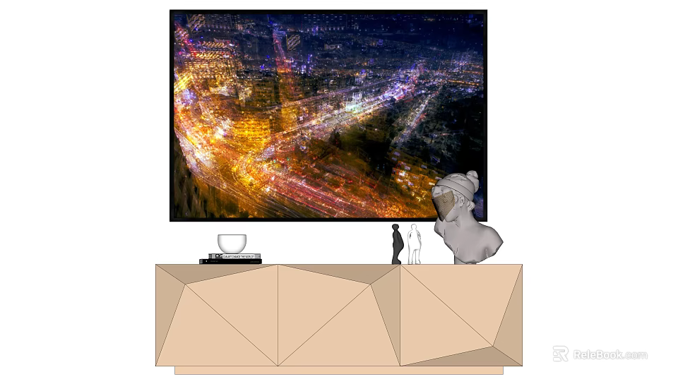 Modern TV Stand Setup With City Night View TV Sculpture Cup Books And Miniature Figures 3d model 