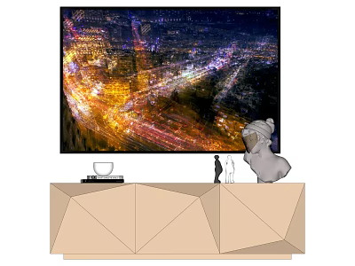 Modern TV Stand Setup With City Night View TV Sculpture Cup Books And Miniature Figures 3d model