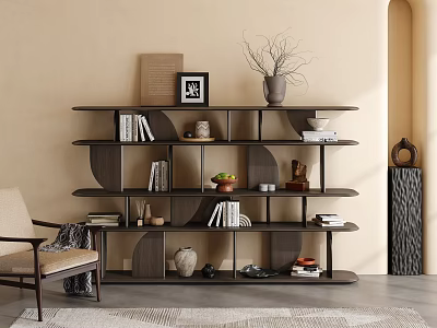 Modern Minimalist Luxury Shelving Unit in Room With Beige Wall Carpet Books Vase And Decorations 3d model