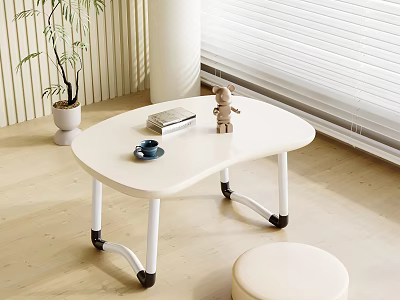 Minimalist White Desk With Small Decorative Doll Books Coffee Mug And Stool 3d model