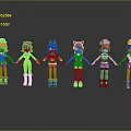 Colorful Cartoon Characters With Various Costumes Standing In A Row With Reflections