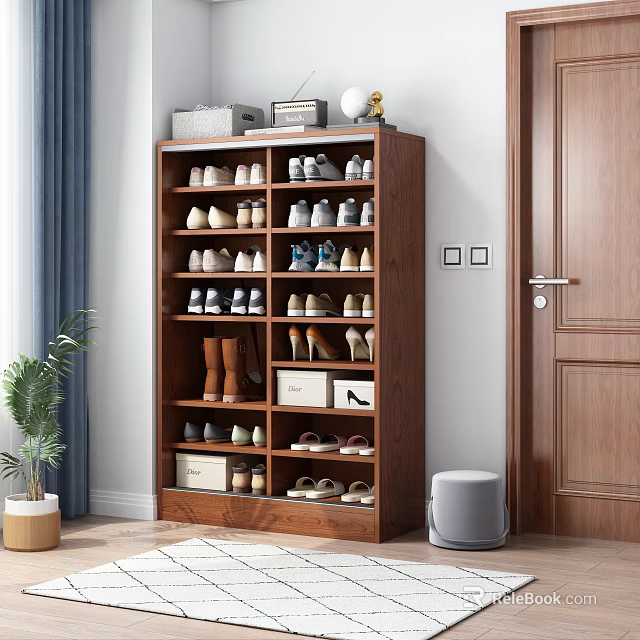 Wooden Multi Tiered Shoe Cabinet With Various Shoes And Decorative Items On Top 3d model 