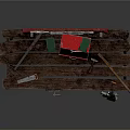 Wooden Workbench Featuring Assorted Weapons Tools Gun And Toolbox Equipment