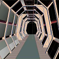 Futuristic Corridor Interior With Geometric Frame Structures Ceiling Lighting Blue Floor And End Door