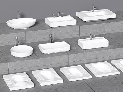 Different Designs of White Washbasins With Faucets on Grey Stone Countertops 3d model