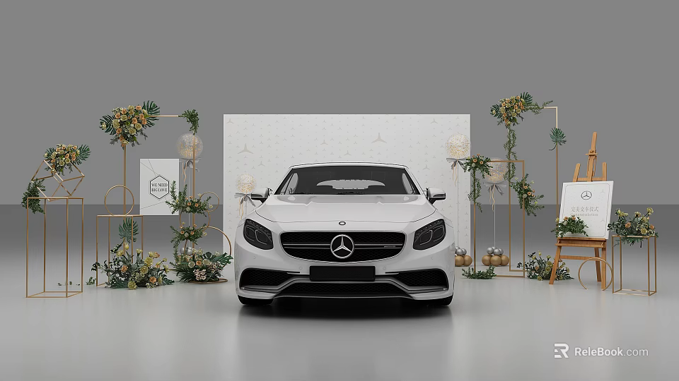 White Mercedes Car Display With Green Plant Decorations Frames And Lanterns 3d model 