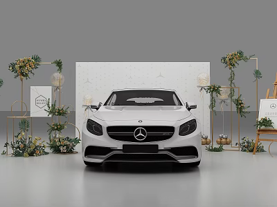White Mercedes Car Display With Green Plant Decorations Frames And Lanterns 3d model