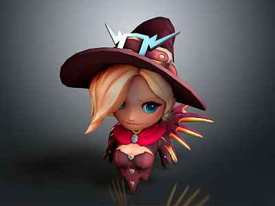 Anime Game Witch Character With Blonde Hair Wide Brimmed Hat Lightning Decor Red Outfit Wings 3d model