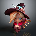 Anime Game Witch Character With Blonde Hair Wide Brimmed Hat Lightning Decor Red Outfit Wings