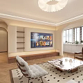 Modern Warm Beige Open Plan Living And Dining Room With Soft Lighting And Wood Flooring