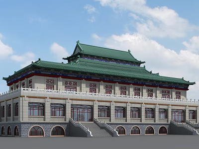 Ancient Chinese Architecture Featuring Green Roof Ornate Eaves And Stone Steps 3d model