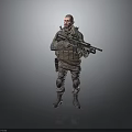 Military Soldier in Camouflage Uniform Holding Rifle With Tactical Gear Standing Isolated on Gray Background