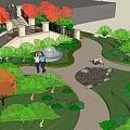 Residential Landscape With Stone Steps Black Railing Green Plants Red Trees And People