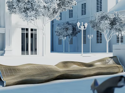 Wave Shaped Landscape Seating In Outdoor Area With Buildings Trees Lampposts 3d model