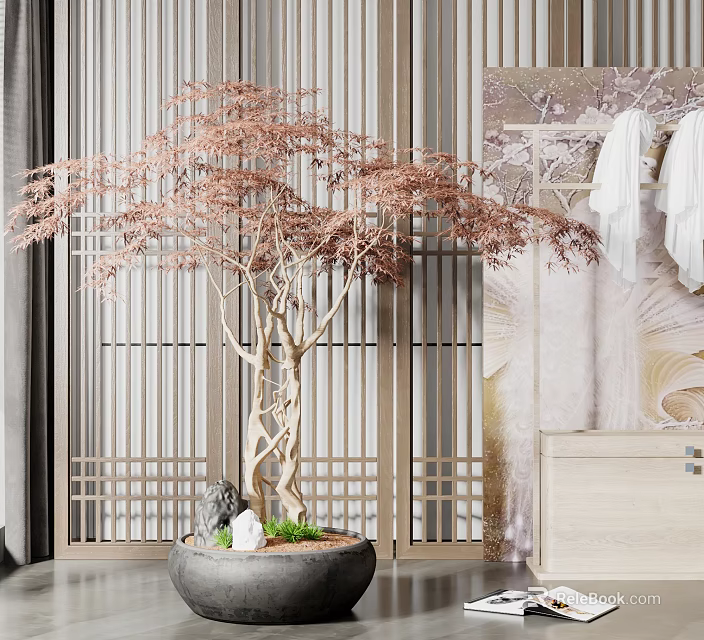 Pink Leaf Bonsai Tree in Ceramic Pot with Decorative Stones and Modern Screen 3d model 