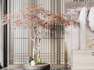 Pink Leaf Bonsai Tree in Ceramic Pot with Decorative Stones and Modern Screen 3d model