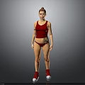 Woman wearing red tank top red shorts and red sneakers with tattoo against gray background