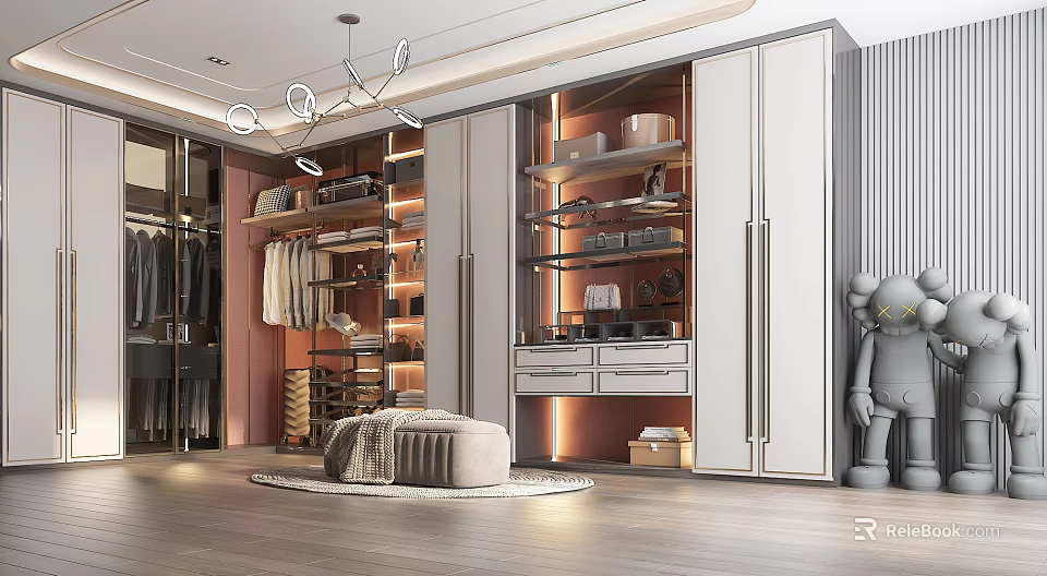Modern Walk in Closet Interior Design With Glass Doors Drawers And LED Lighting 3d model 